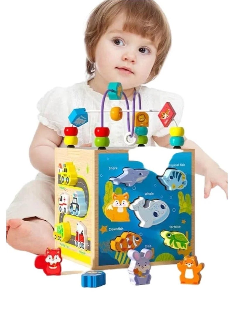 Wooden Montessori Activity Cube with Shape Sorting & Bead Maze – Educational Toy for Kids (36+ Months) Eid Gift - Image 1